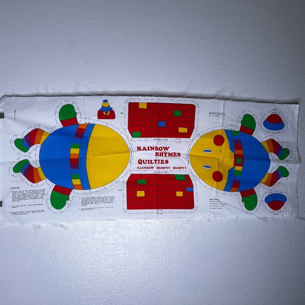Vintage 1980's Cut & Sew Fabric Panel Rainbow Rhymes Quilties Humpty Dumpty